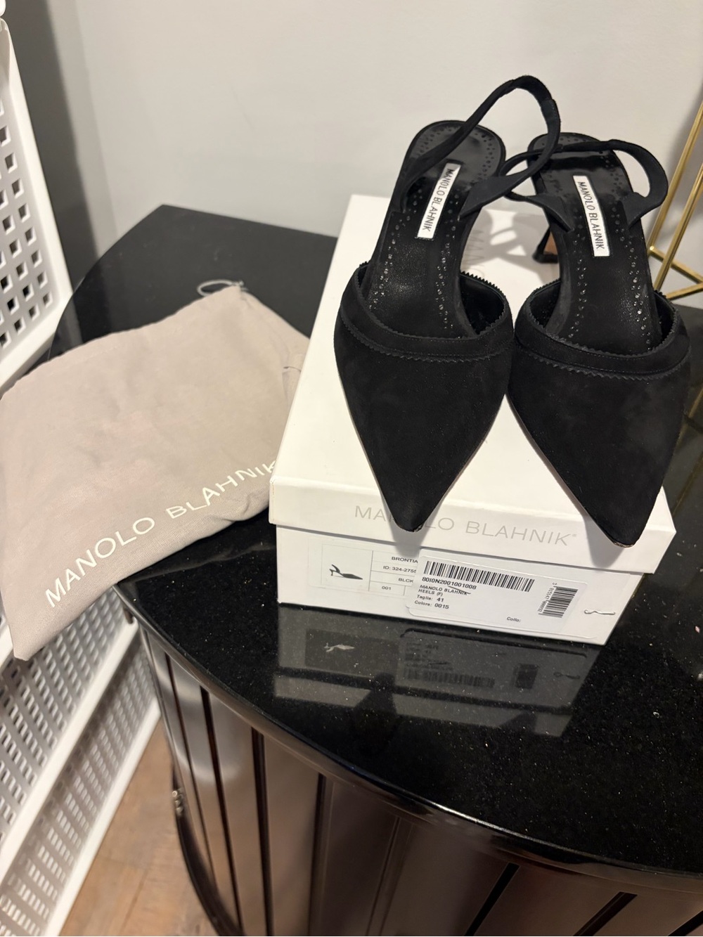 Manolo Blahnik Black Suede Pointed Slingback Heels